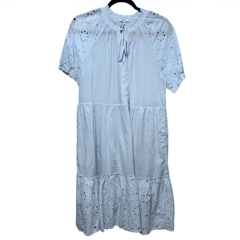 NWT TheGet Solid Light Blue Eyelet Short Sleeves Tiered with Pockets Midi Dress